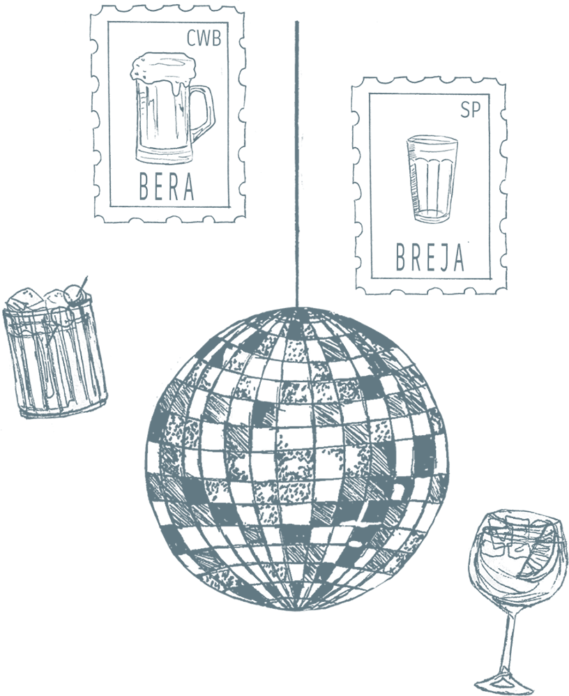 Colagem com globo de espelhos, selos, caipirinha e taça de vinho
