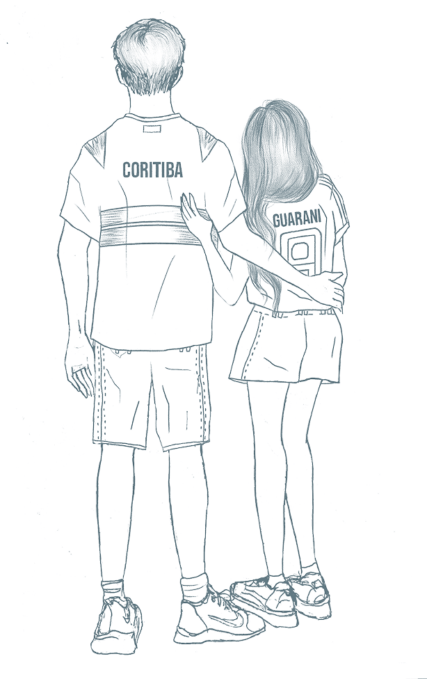 Ilustração dos noivos abraçados, de costas